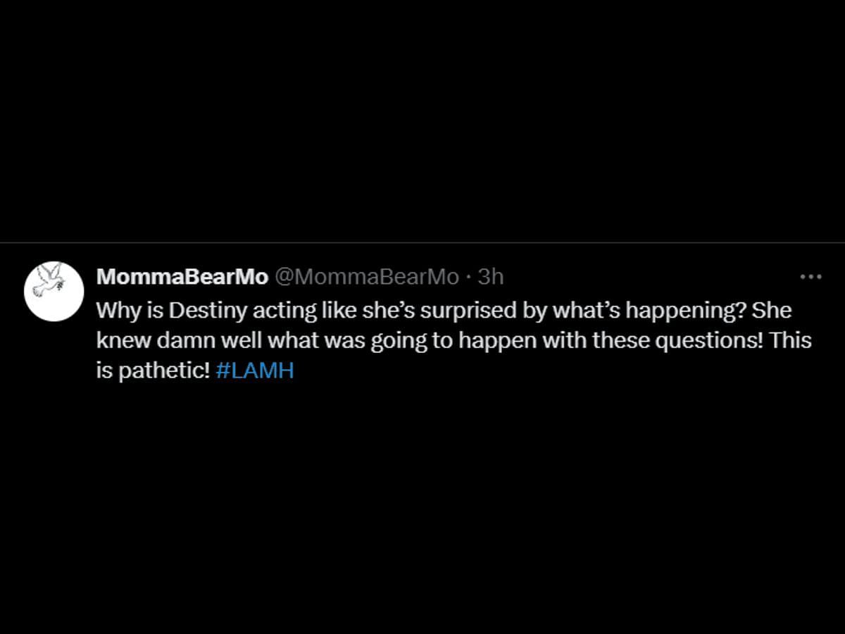 A fan reacts to Destiny leaving her party (Image via X/@MommaBearMo)