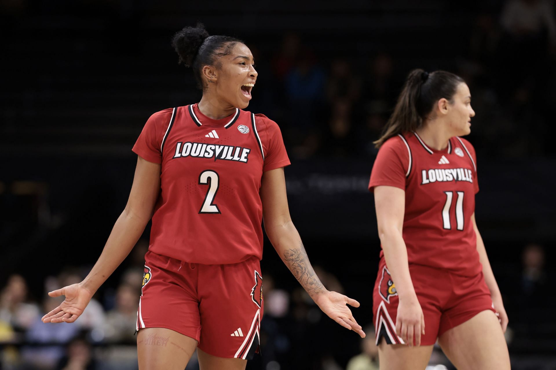 Nyla Harris (#2) of the Louisville Cardinals reacts to a call against the Colorado Buffaloes during the second quarter of their NCAA game. Photo: Getty