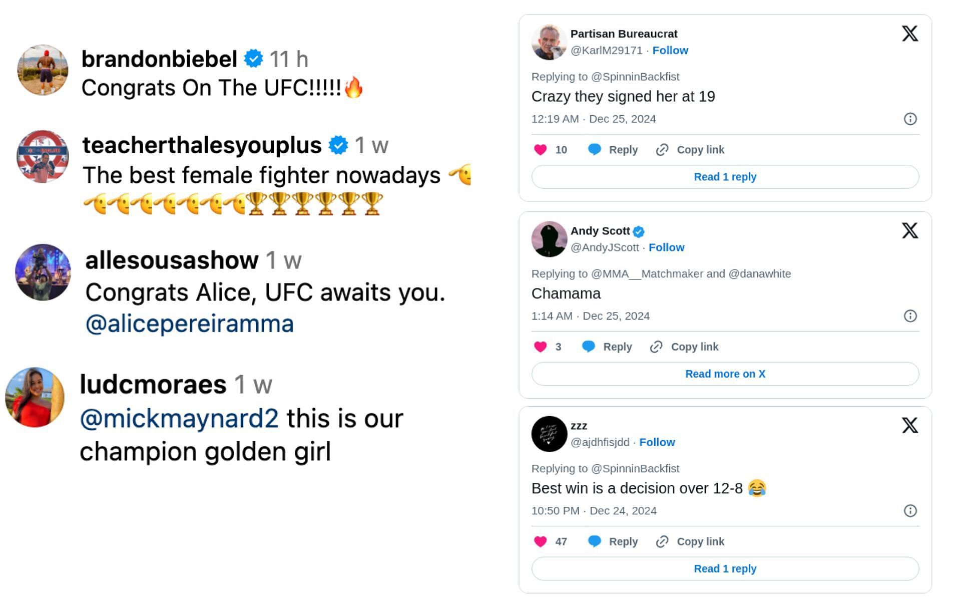 Fans react to UFC signing Alice Pereira. [Screenshot courtesy: via. X and @alicepereiraufc via Instagram]