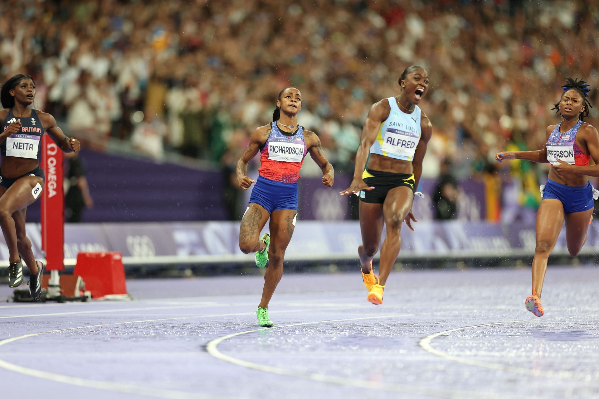 Julien Alfred after winning the gold medal in women&#039;s 100m at the Paris Olympics [Image Source : Getty]