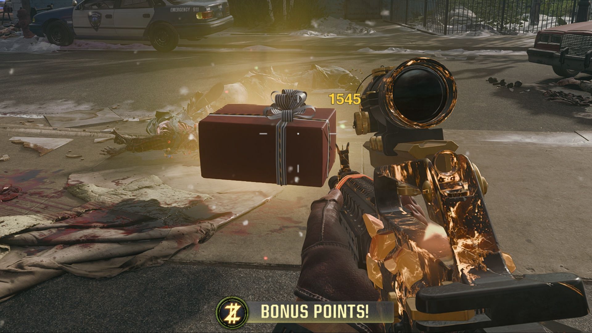 Sometimes, eliminating zombies drops presents in Black Ops 6 Zombies Jingle Hells LTM (Image via Activision)