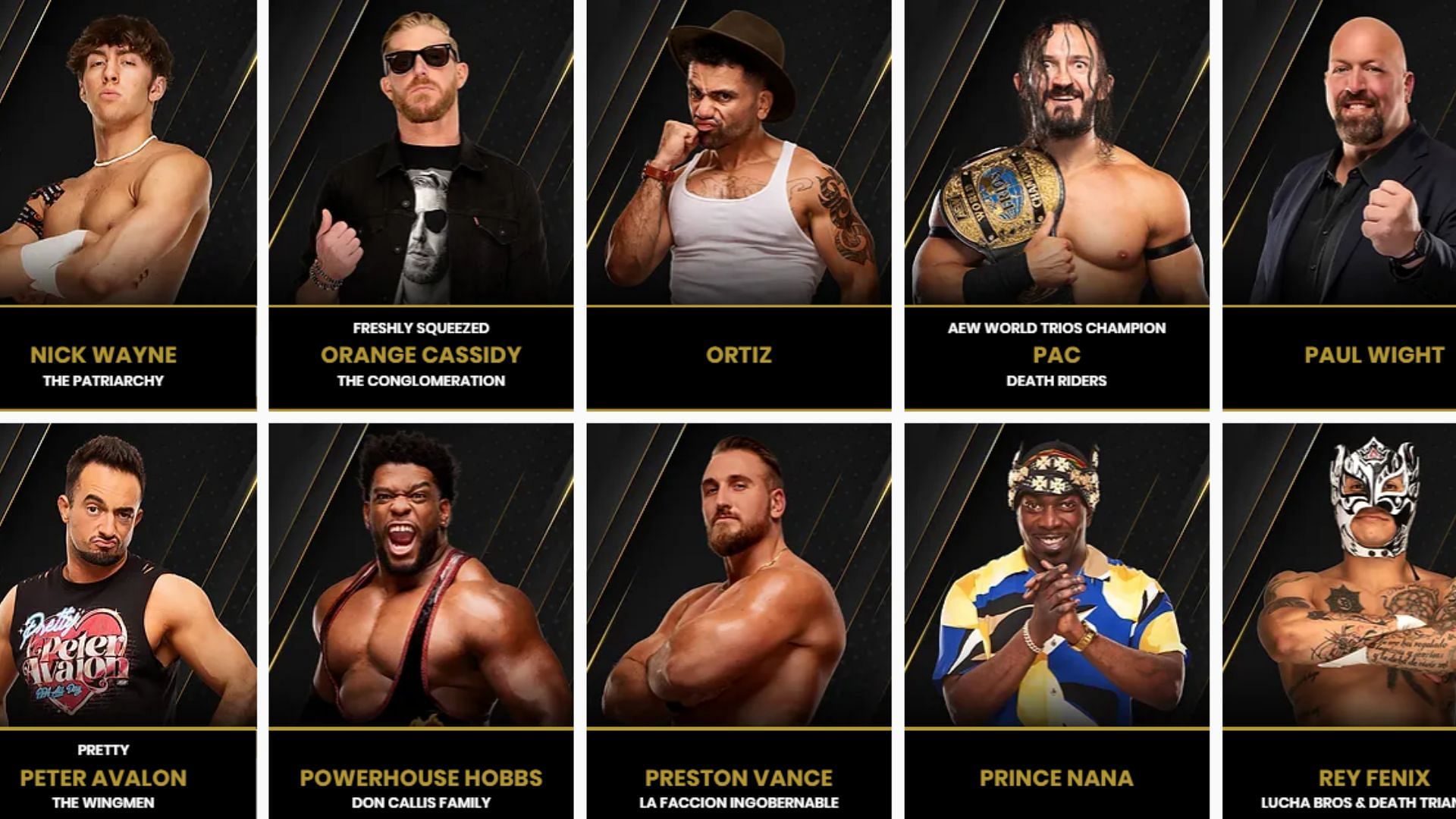 AEW&#039;s current talent roster page, without Penta El Zero Miedo [Source: All Elite Wrestling roster page on the promotion&#039;s website]