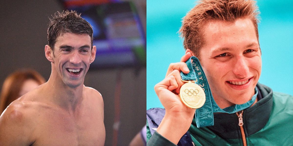 Michael Phelps reacts to 200m freestyle race at the Athens Olympics dominated by Ian Thorpe. (Images by Getty)