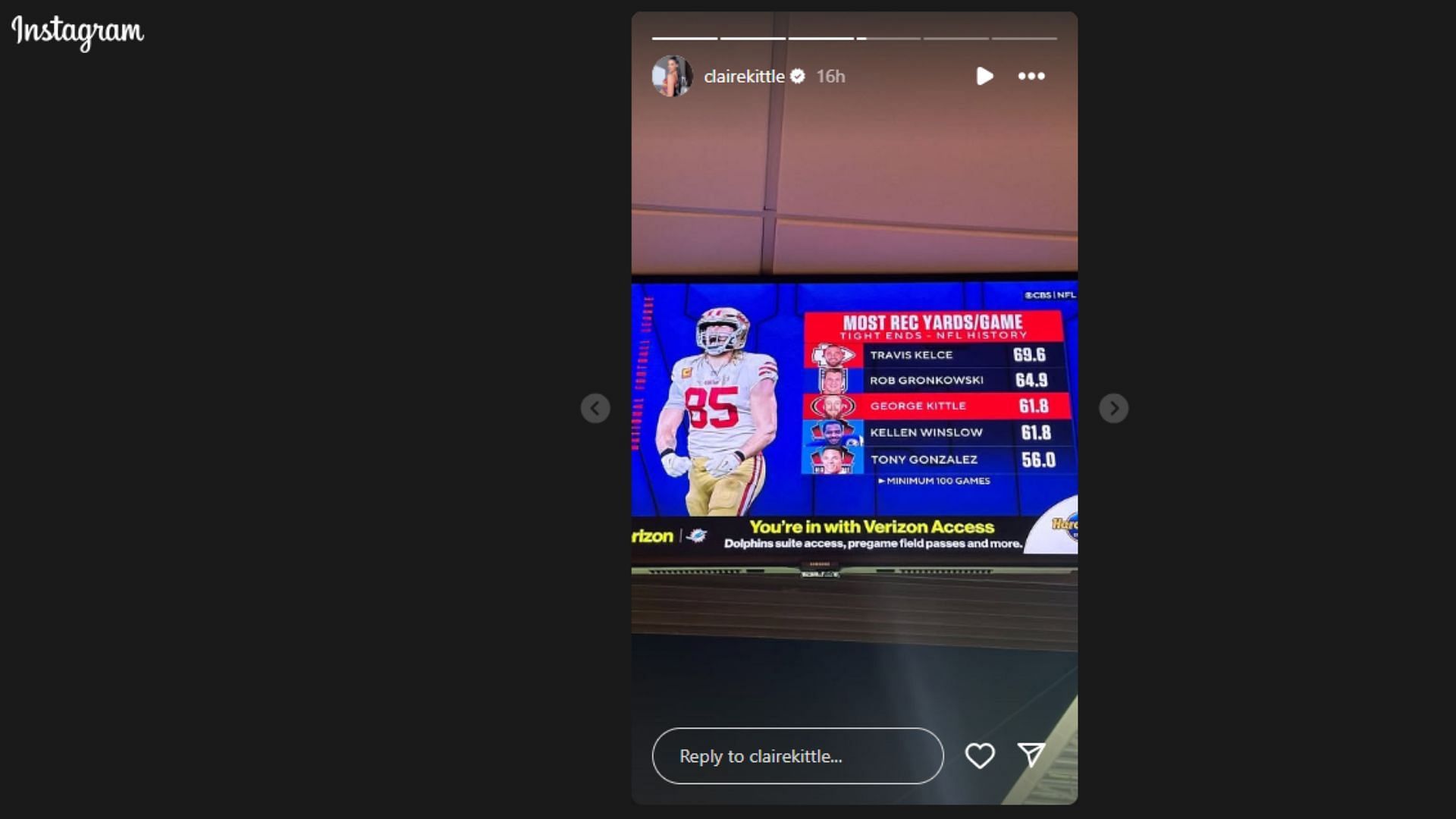 Claire Kittle shared just how close George Kittle is to Rob Gronkowski&#039;s record. (Photo via Instagram Story)