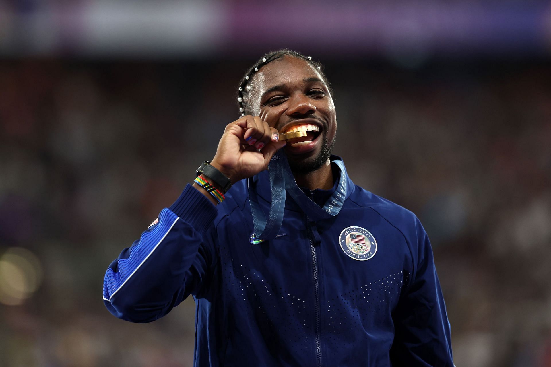 Noah Lyles of Team United States celebrates during the Men&#039;s 100m medal ceremony in Paris, France. (Photo by Getty Images)