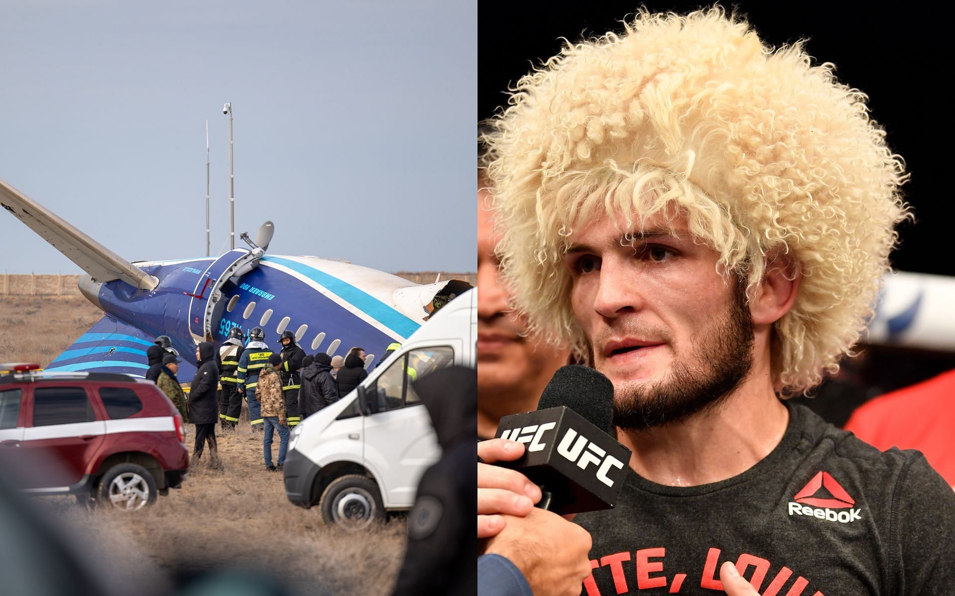 The Azerbaijan Airlines crash (left) has elicited a heartwarming reaction from Khabib Nurmagomedov (right) [Images courtesy: Getty Images]