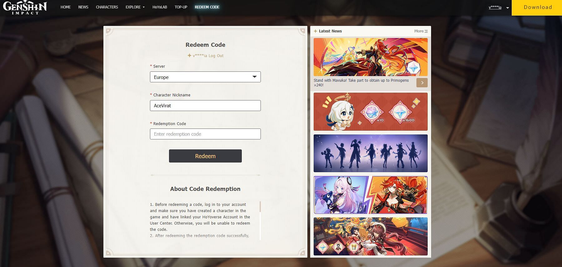 Redeem codes on the website (Image via HoYoverse)