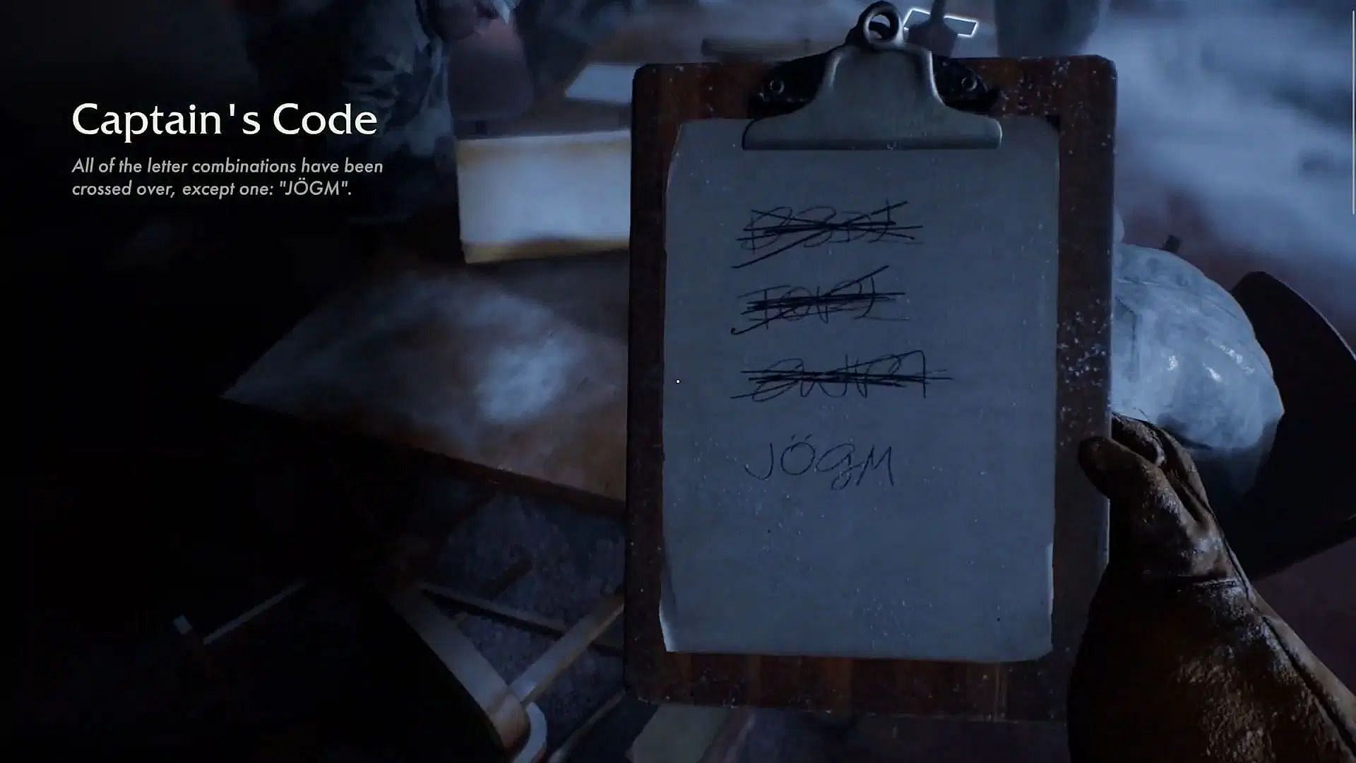 The captain&#039;s note mentions a code termed &quot;J&Ouml;GM&quot; (Image via Bethesda)