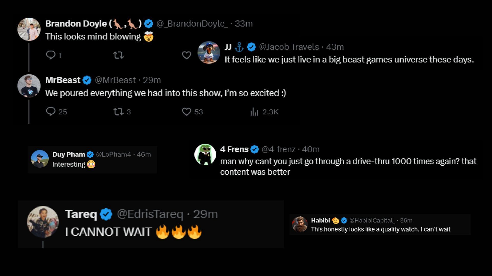 More reactions to MrBeast&#039;s Beast Games, though some of the comments were negative, feelings towards the show are generally positive (Images via @MrBeast/X)