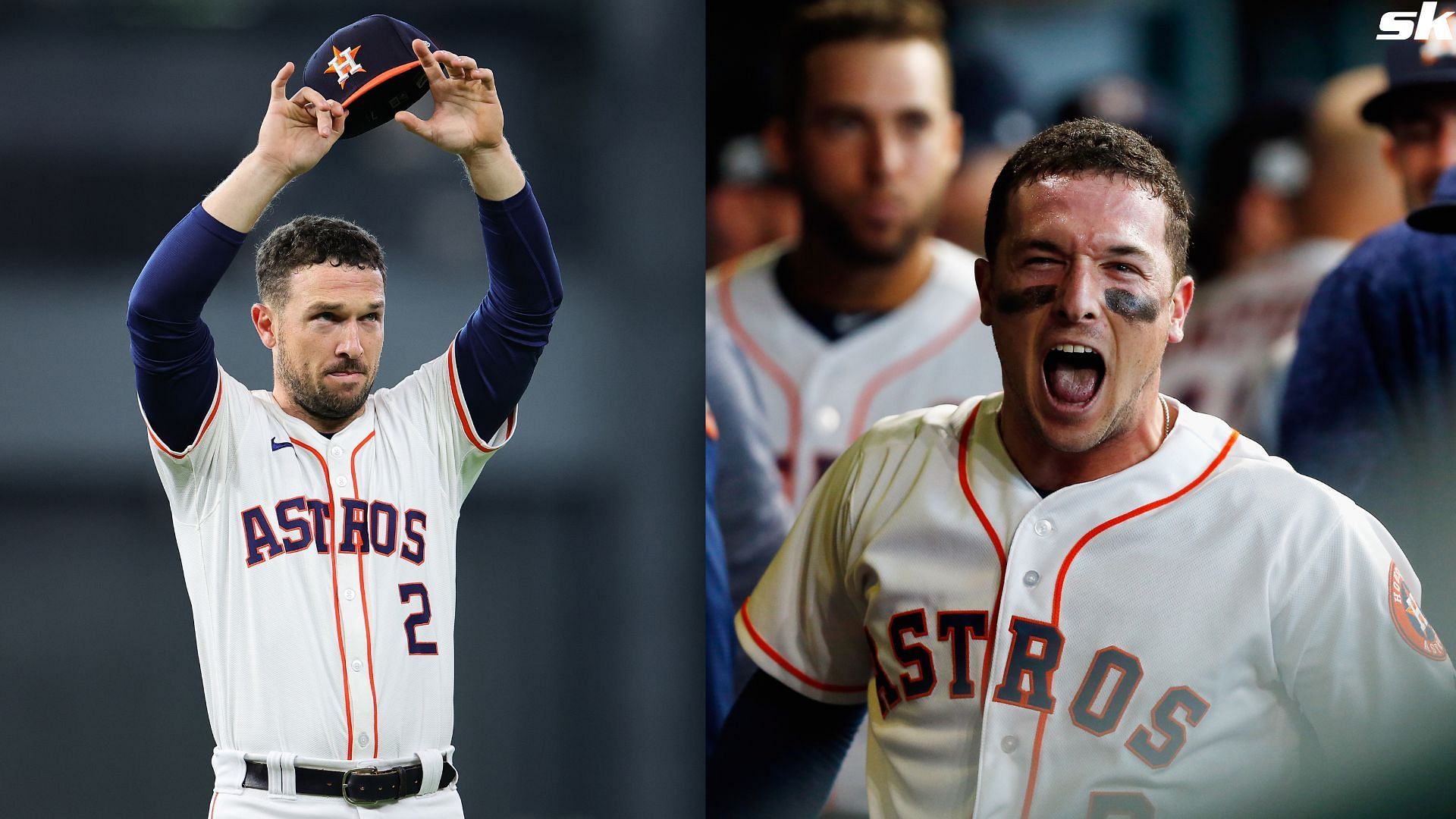 Alex Bregman of the Houston Astros celebrates with teammates in the dugout after hitting a home run against the Boston Red Sox at Minute Maid Park (Source: Getty)