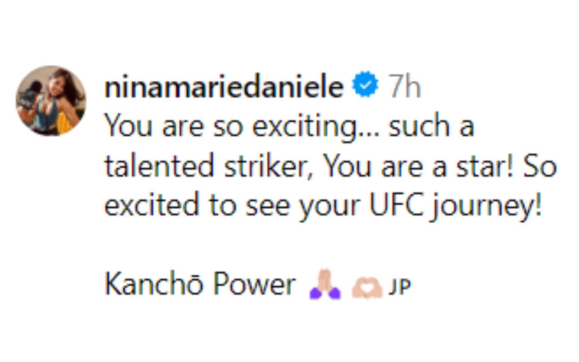 Screenshot of Nina-Marie Daniele&#039;s comment on Kai Asakura&#039;s Instagram post