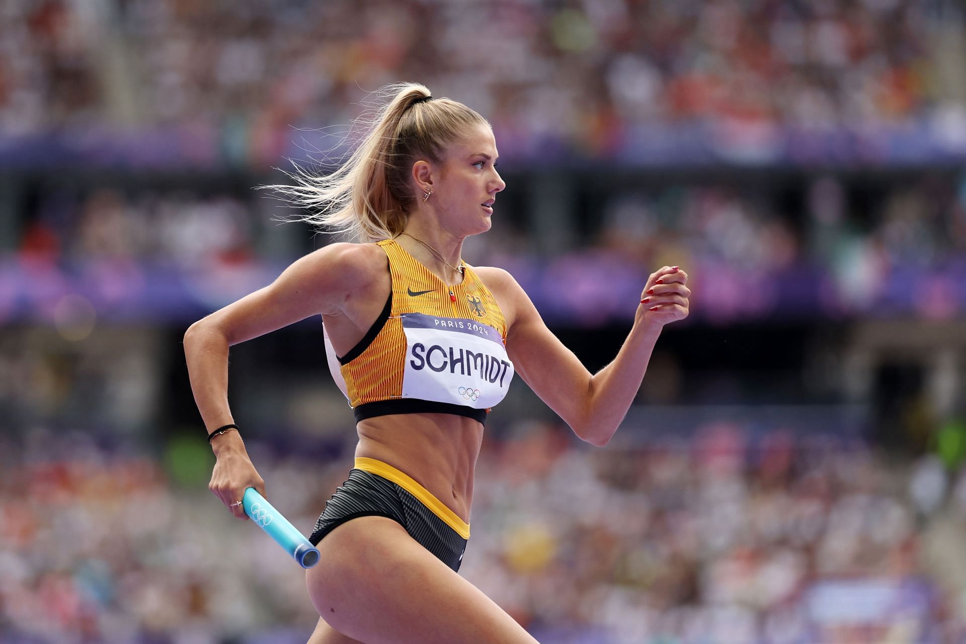 Alica Schmidt of Team Germany competes during the Women&#039;s 4 x 400m Relay at the Paris Olympics. (Image Source: Getty)