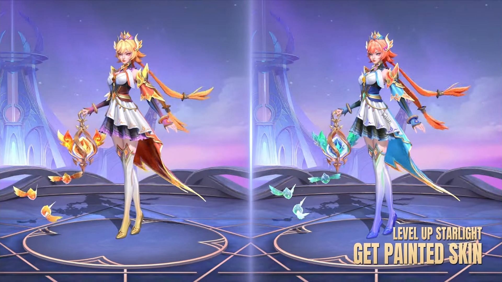 Side-by-side comparison of the Emberwisp Mystic skin&#039;s two variants (Image via Moonton Games)