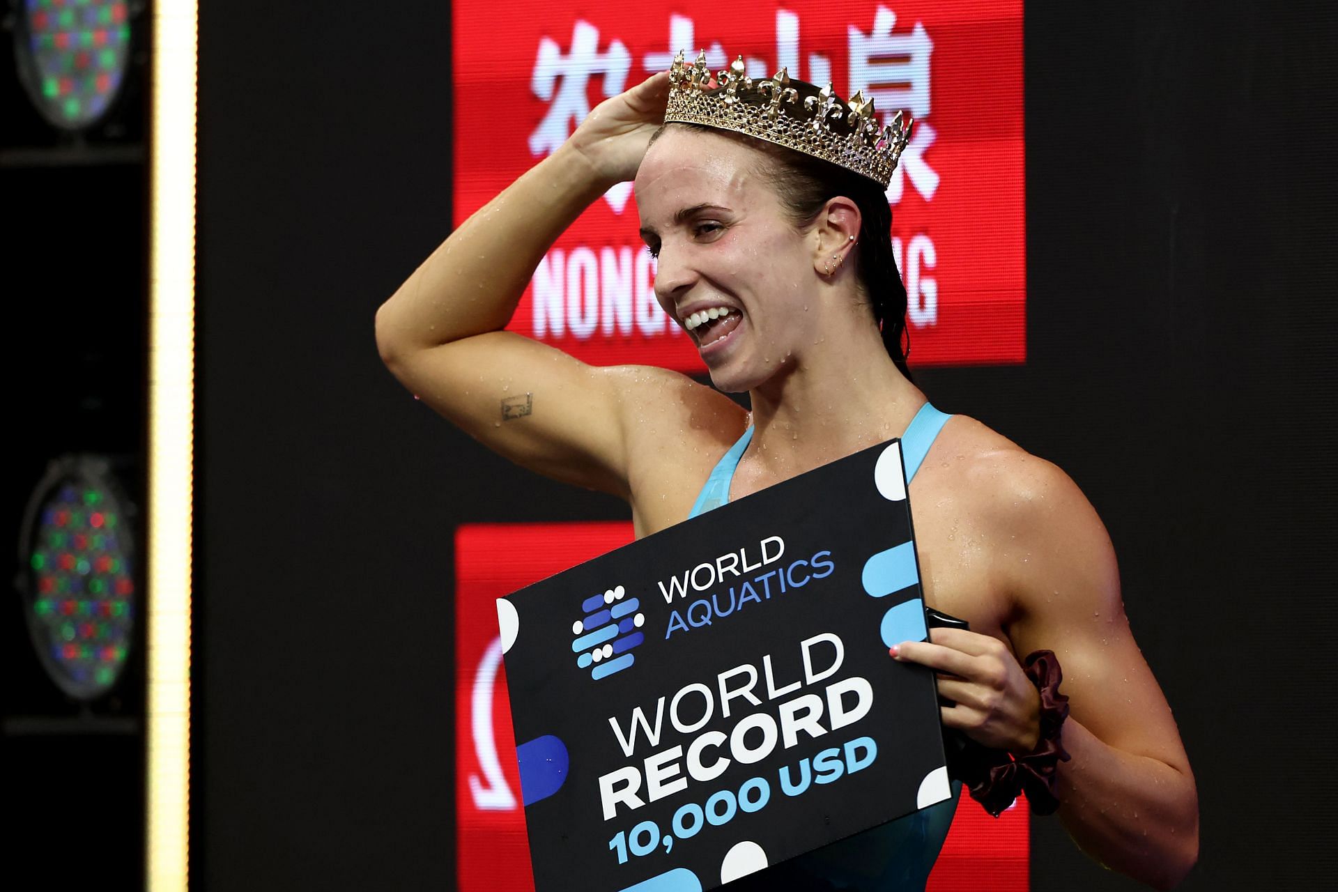 Smith after breaking the world record during the second day of the 2024 World Aquatics Swimming championships- Singapore leg (Image via: Getty Images)