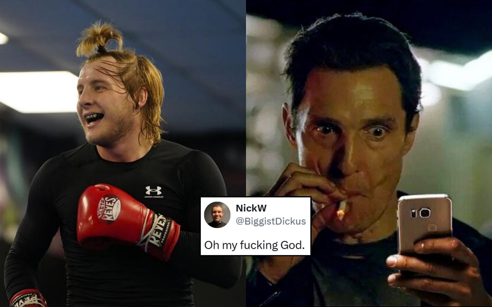 Fans react (right photo, insert) to Paddy Pimblett (left) and his cryptic message about his next opponent. [Image credit: @BiggistDickus on X, @theufcbaddy on Instagam]