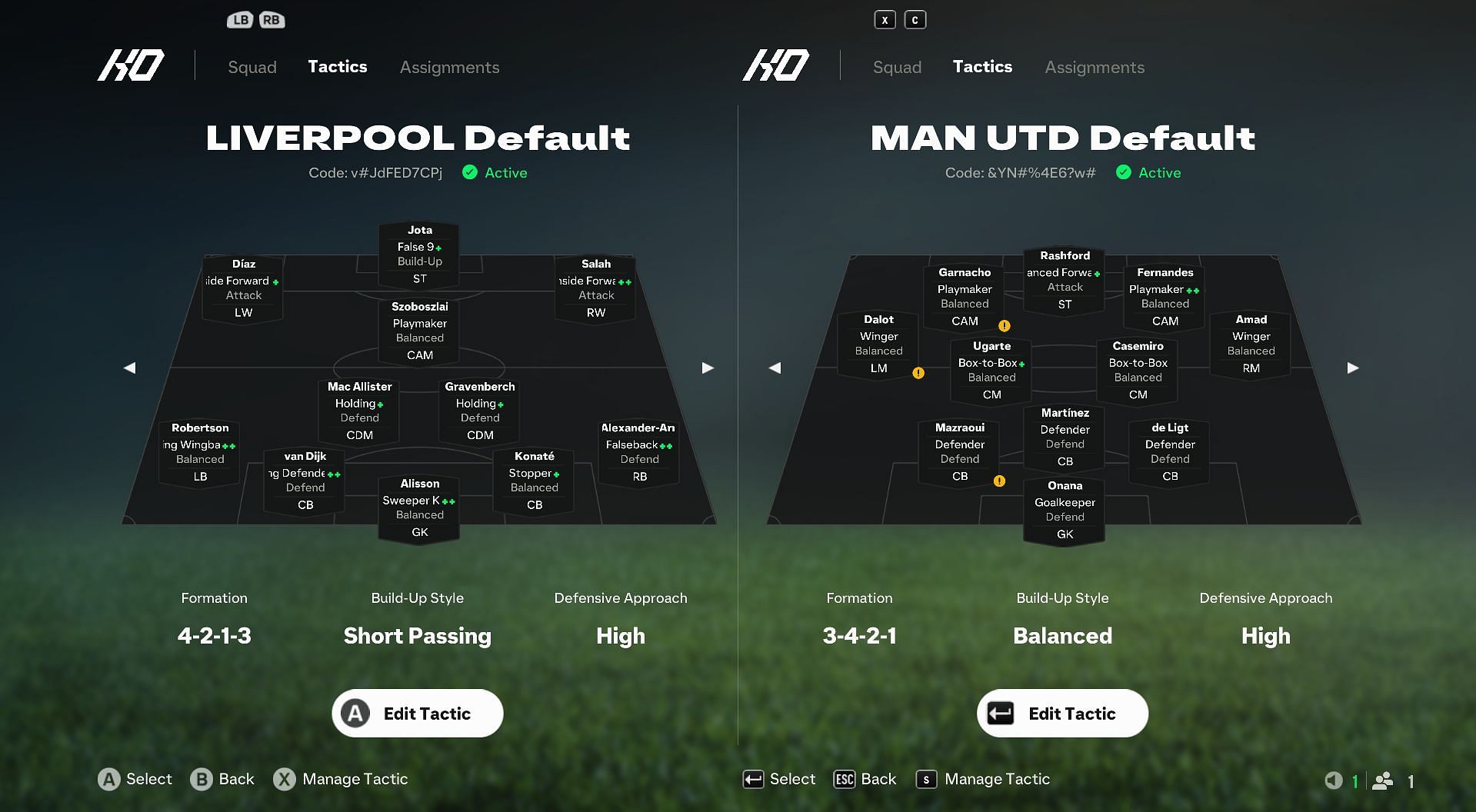 Liverpool vs Man United: Preset EA FC 25 Tactics and Player Roles comparison (Image via EA Sports)