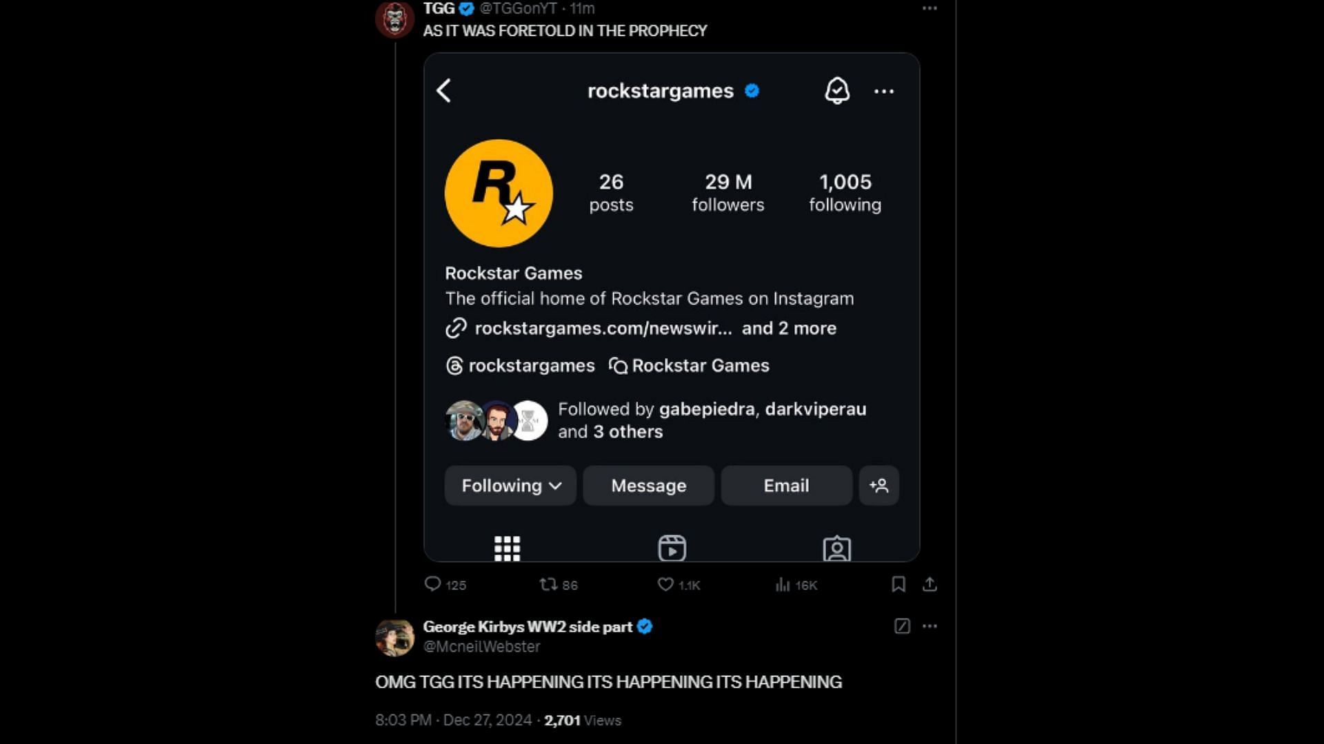 Fans reacting to Rockstar removing an Instagram post earlier today 1/3 (Image via X)