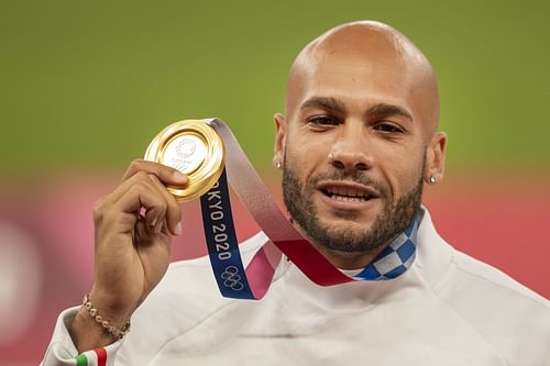 Marcell Jacobs of Italy with his gold medal in the 100m during the 2020 Summer Olympic Games in Tokyo, Japan. (Photo via Getty Images)