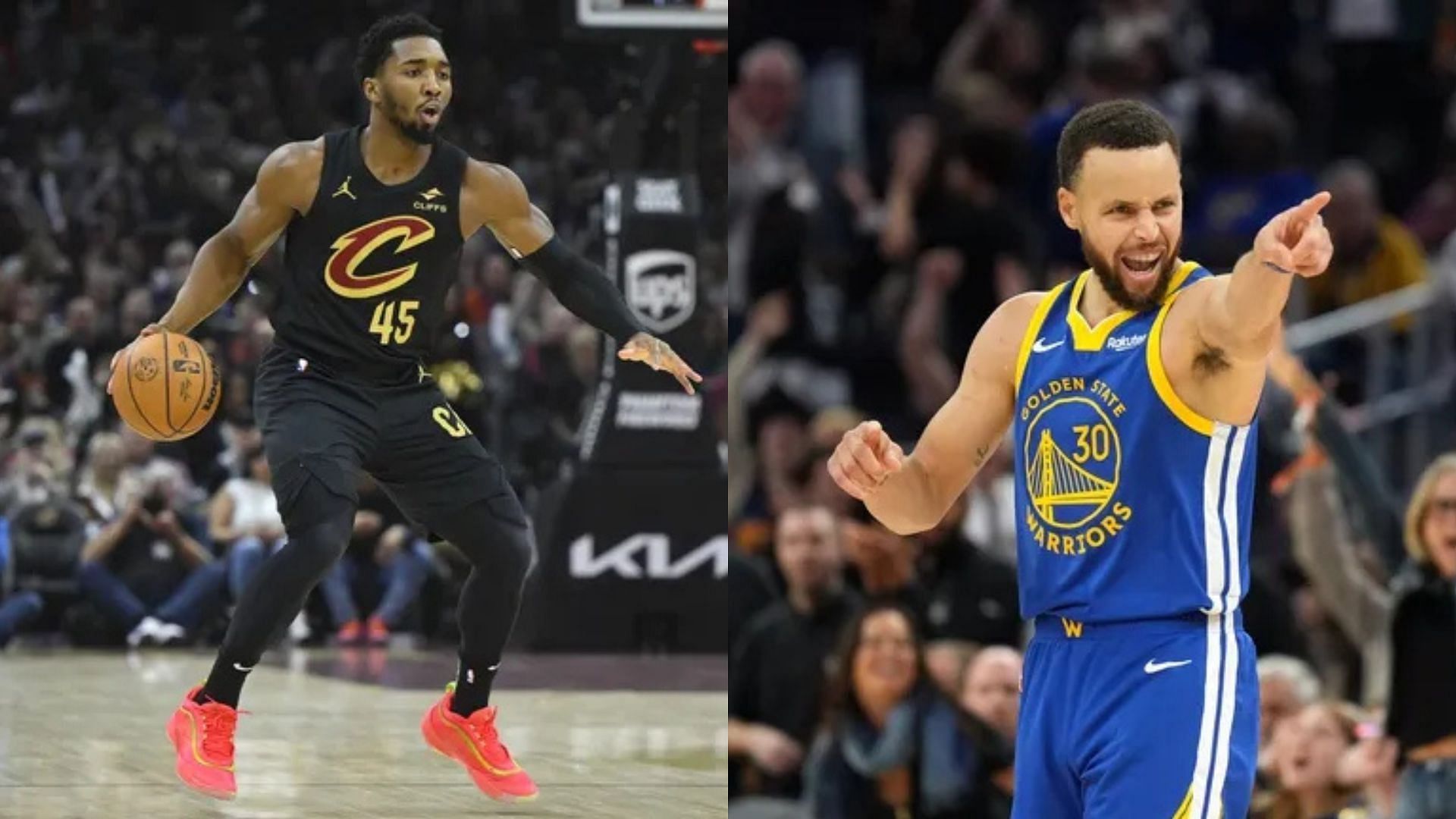 Cleveland Cavaliers guard Donovan Mitchell, Golden State Warriors guard Stephen Curry. Photo Credits: Imagn