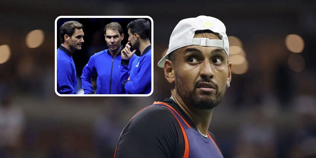 Roger Federer, Rafael Nadal and Novak Djokovic (left inset), Nick Kyrgios (right), Sources: Getty