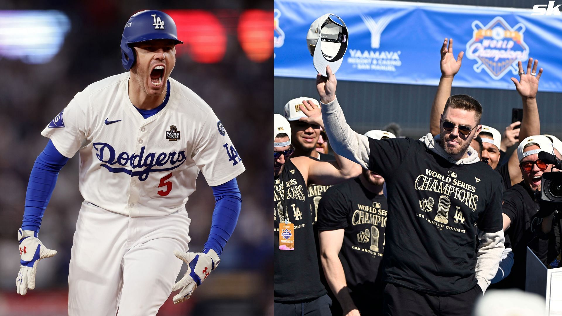 Freddie Freeman of the Los Angeles Dodgers celebrates after hitting a walk-off grand slam against the New York Yankees during Game One of the 2024 World Series at Dodger Stadium (Source: Getty)