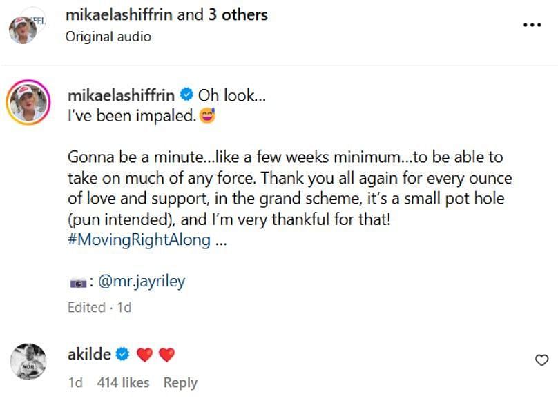 Aleksander Kilde reacts to Mikaela Shiffrin&#039;s injury update (via Instagram)