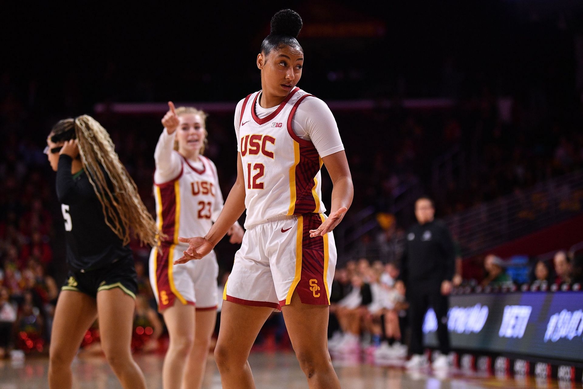 USC Trojans guard JuJu Watkins (#12) reacts to a call during their basketball game against the Cal Poly Mustangs on November 9, 2024 at Galen Center in Los Angeles, California. Photo: Getty