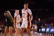 USC Trojans guard JuJu Watkins (#12) reacts to a call during their basketball game against the Cal Poly Mustangs on November 9, 2024 at Galen Center in Los Angeles, California. Photo: Getty