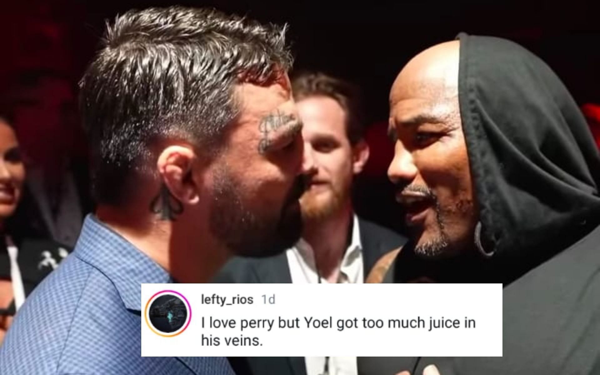 Fans react as Mike Perry (left) and Yoel Romero (right) face off. [Image courtesy: @dirtyboxingofficial on Instagram]