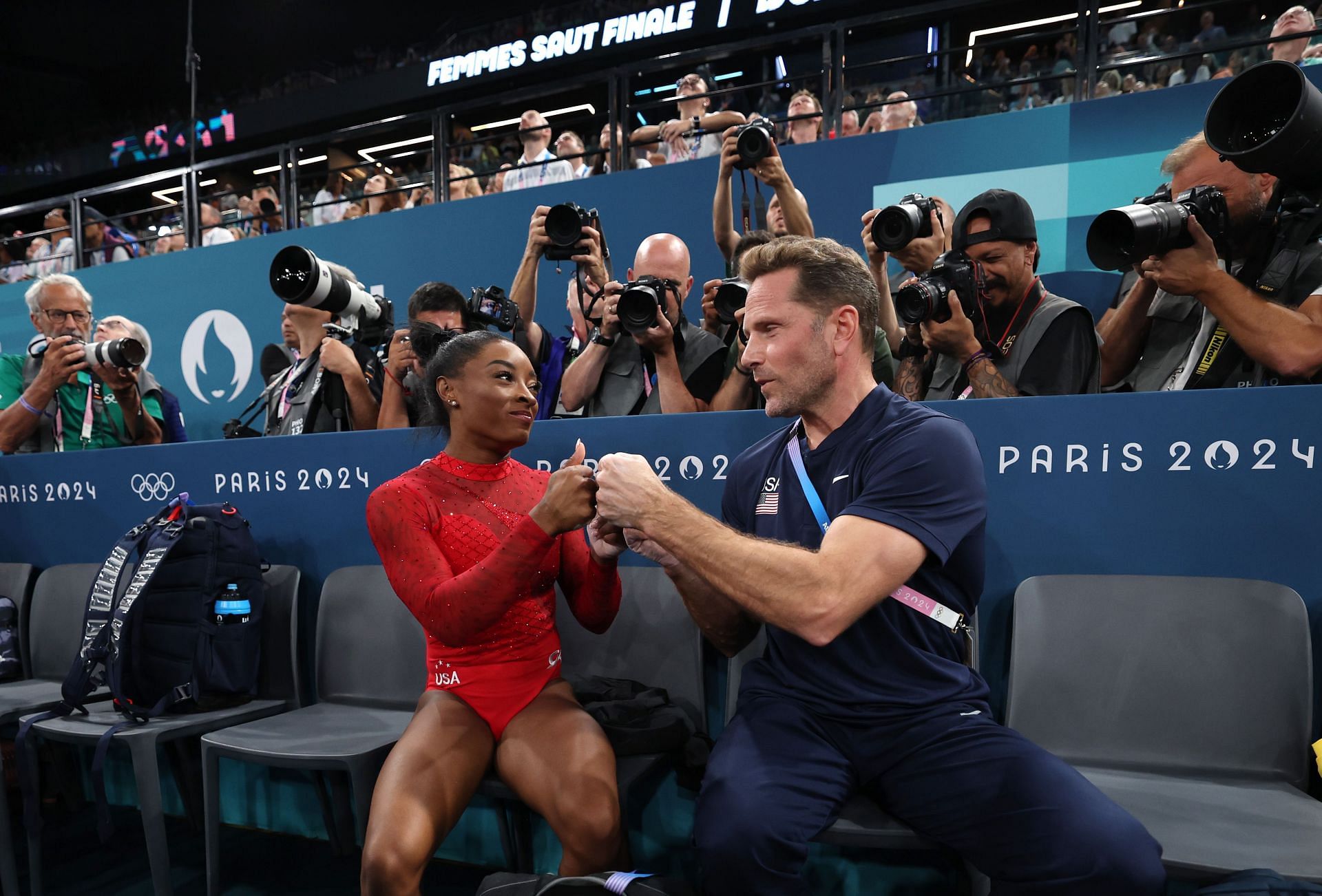 Biles with Landi after winning the Vault exercise gold medal on the eighth day of the 2024 Paris Olympics (Image via: Getty Images)