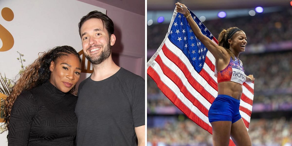 Serena Williams and Alexis Ohanian (L), Gabby Thomas (R), Sources: Getty