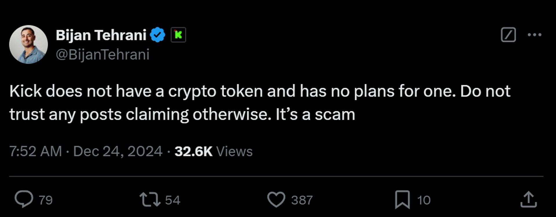 Tehrani confirms that Kick doesn&#039;t have any crypto tokens (Image via X/@BijanTehrani)