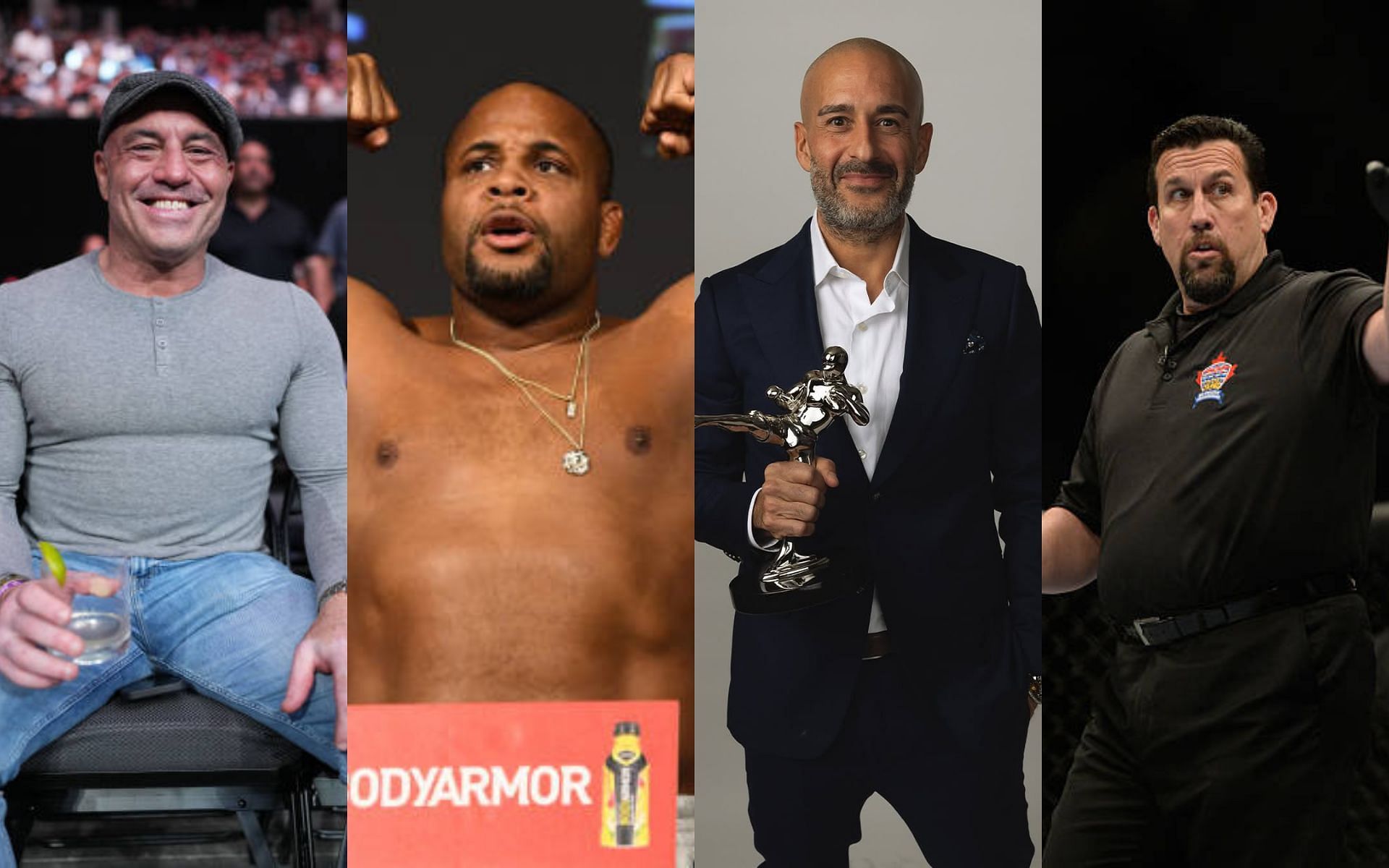 John McCarthy (right) says the UFC commentatory team which includes Joe Rogan (left), Daniel Cormier (center), Jon Anik (center) can use the help of an analyst. [Images courtesy: Getty and @jon_anik on Instagram]