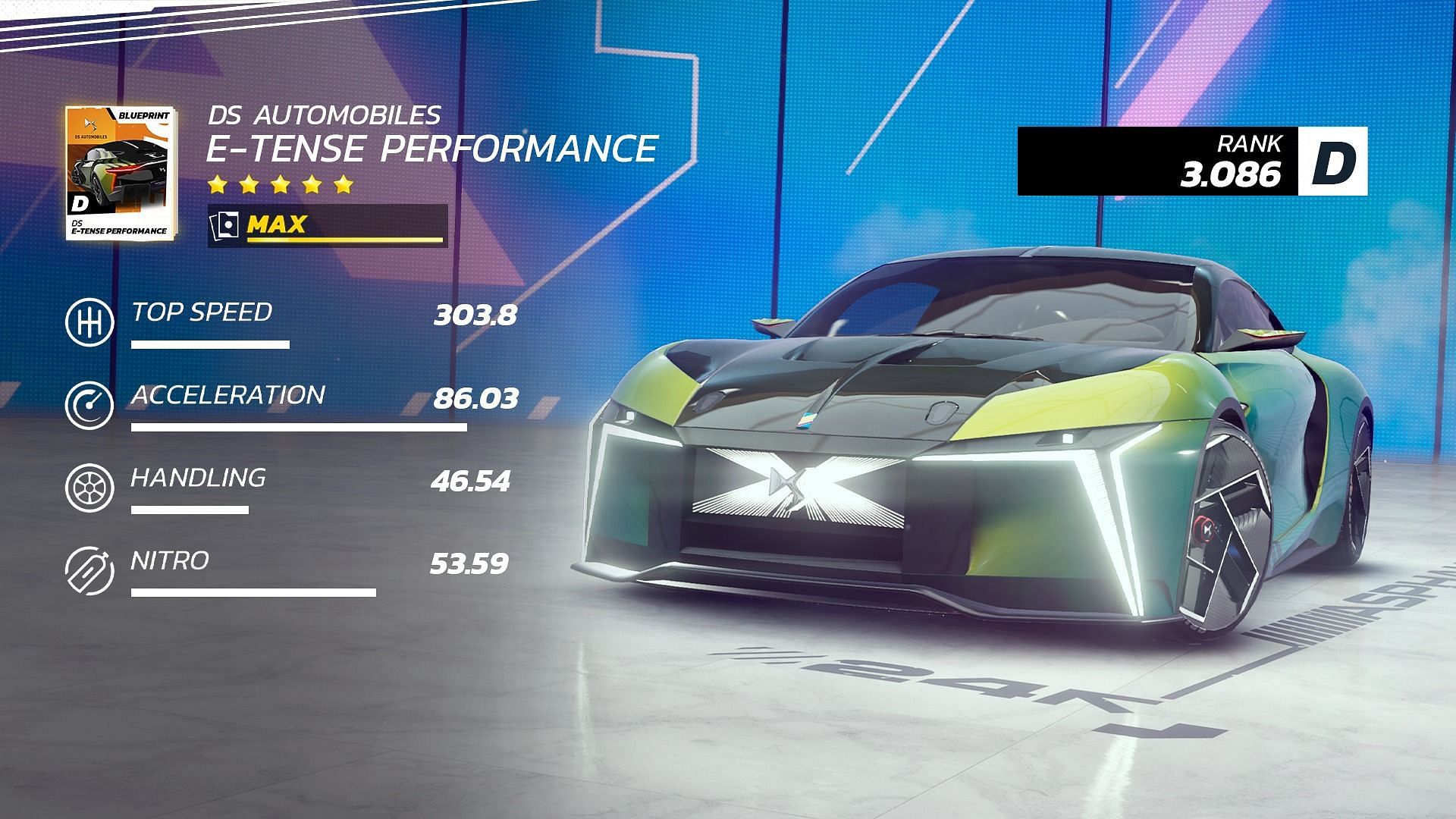 The DS E-TENSE Performance is a Class D Asphalt Unite Festival Fury season car (Image via Gameloft SE)