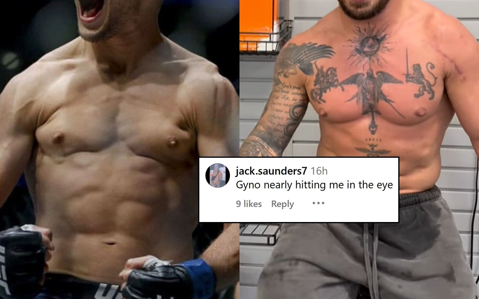 A fan reacts (insert) to a possible Gyno chest condition of a former UFC champion (pictured). [Image credit: @tjdillashaw on Instagram]