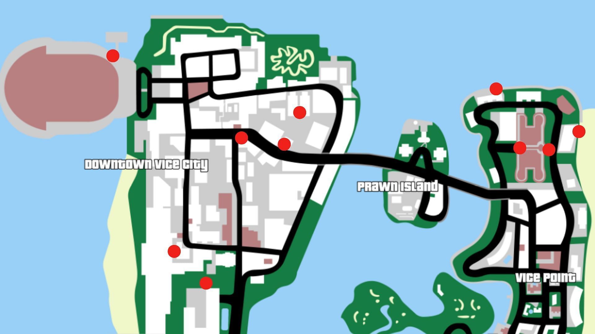 All GTA Vice City Rampage locations 1/5 (Image via Rockstar Games || Map Genie)