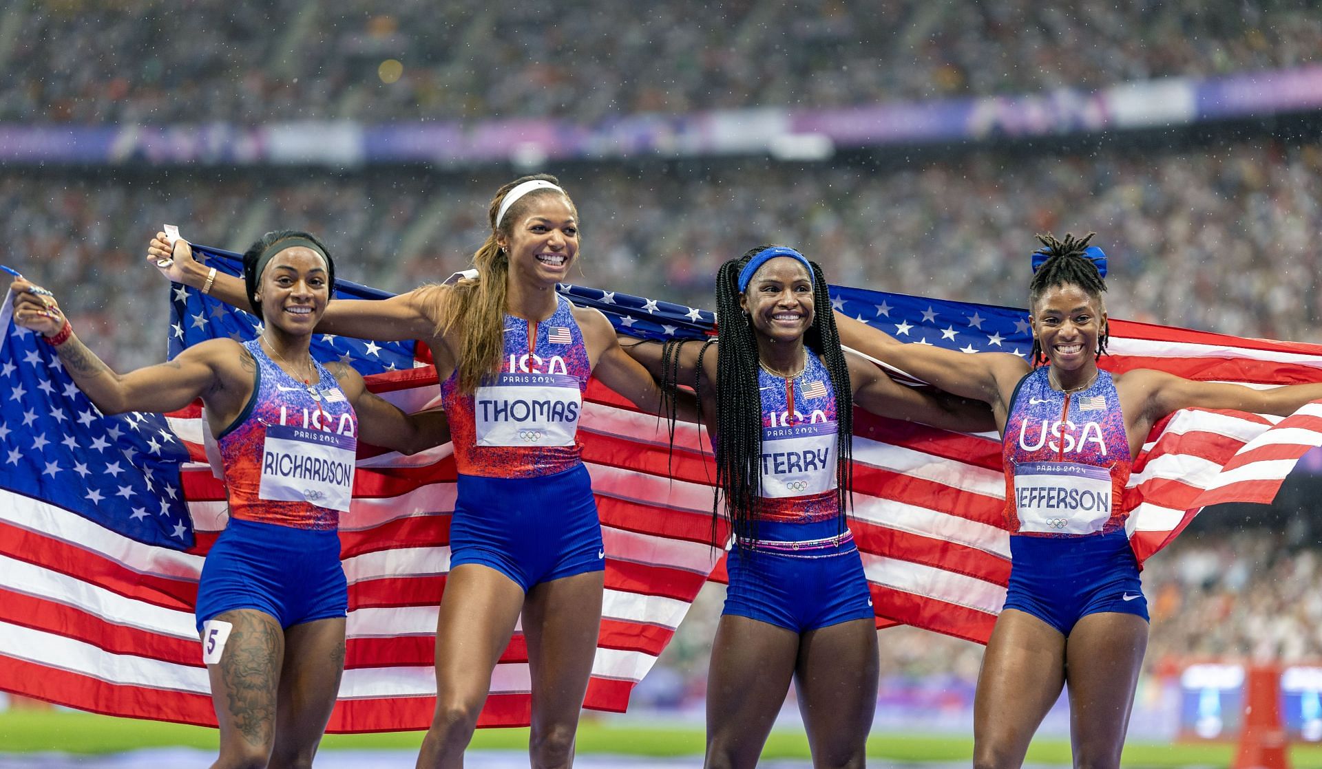 Sha&#039;Carri Richardson and team USA athletes celebrate after winning the gold at The Olympic Games-Paris 2024 - Source: Getty