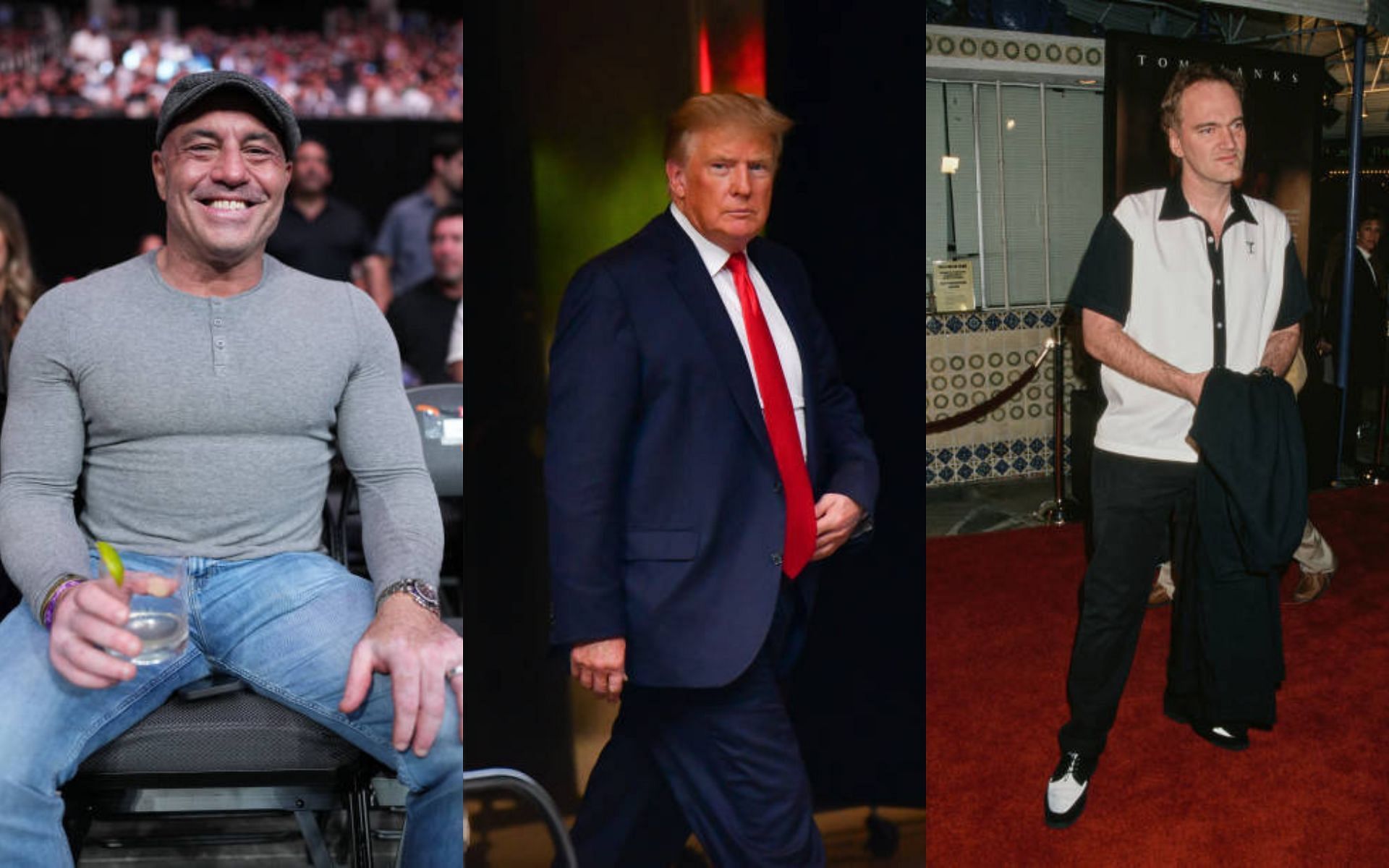 Joe Rogan (left) discusses Donald Trump (center) releasing Jan. 6 prisoners with Quentin Tarantino (right). [Images courtesy: Getty]