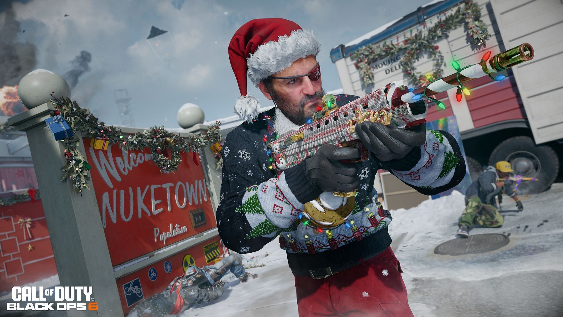 An Operator in Black Ops 6 wearing Christmas themed attire and rifle