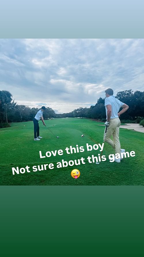 Tom Brady golfs with his son.