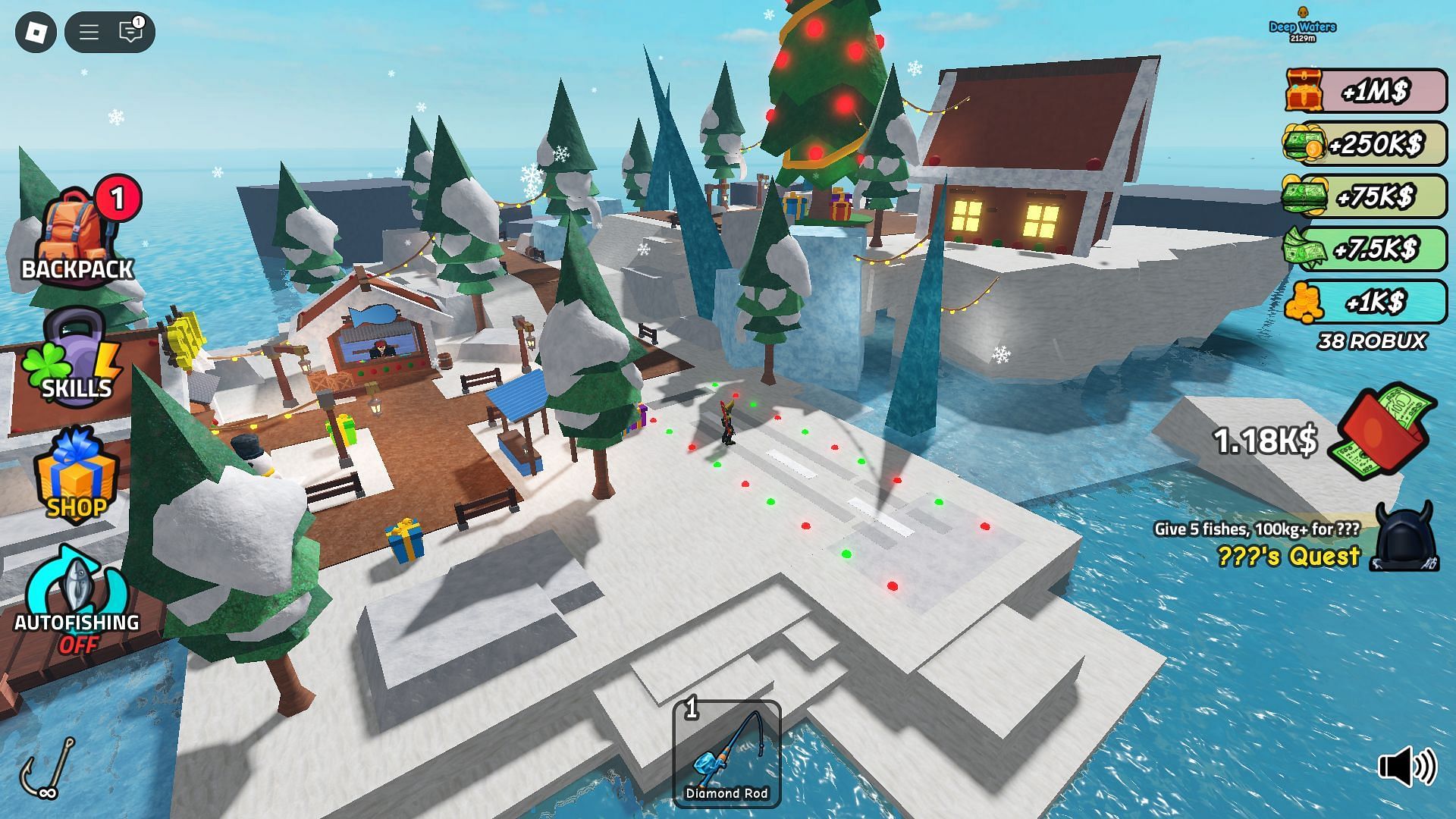 The Christmas Village in Go Fishing (Image via Roblox)