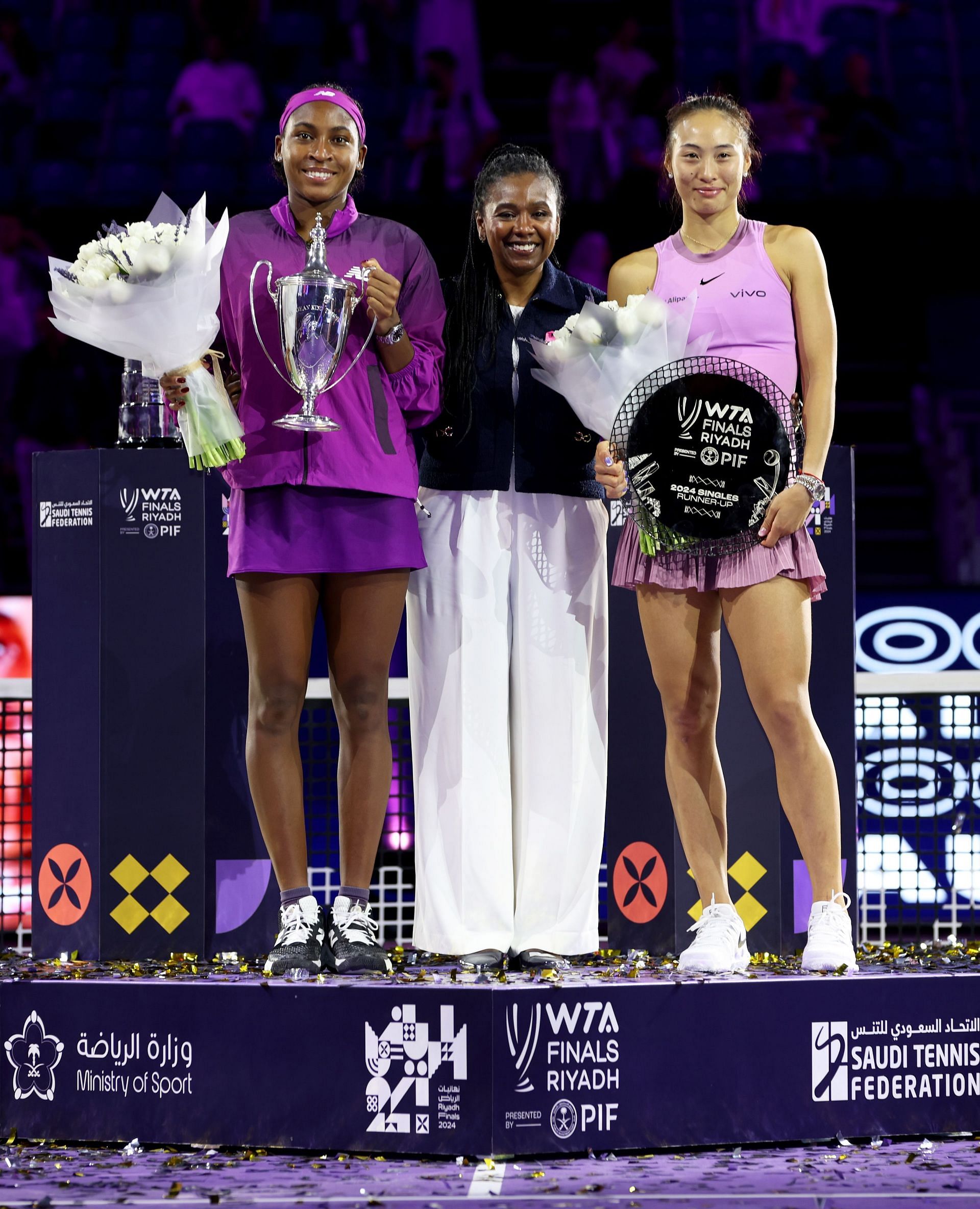 WTA CEO Portia Archer with Coco Gauff and Zheng Qinwen at the WTA Finals (Source: Getty)