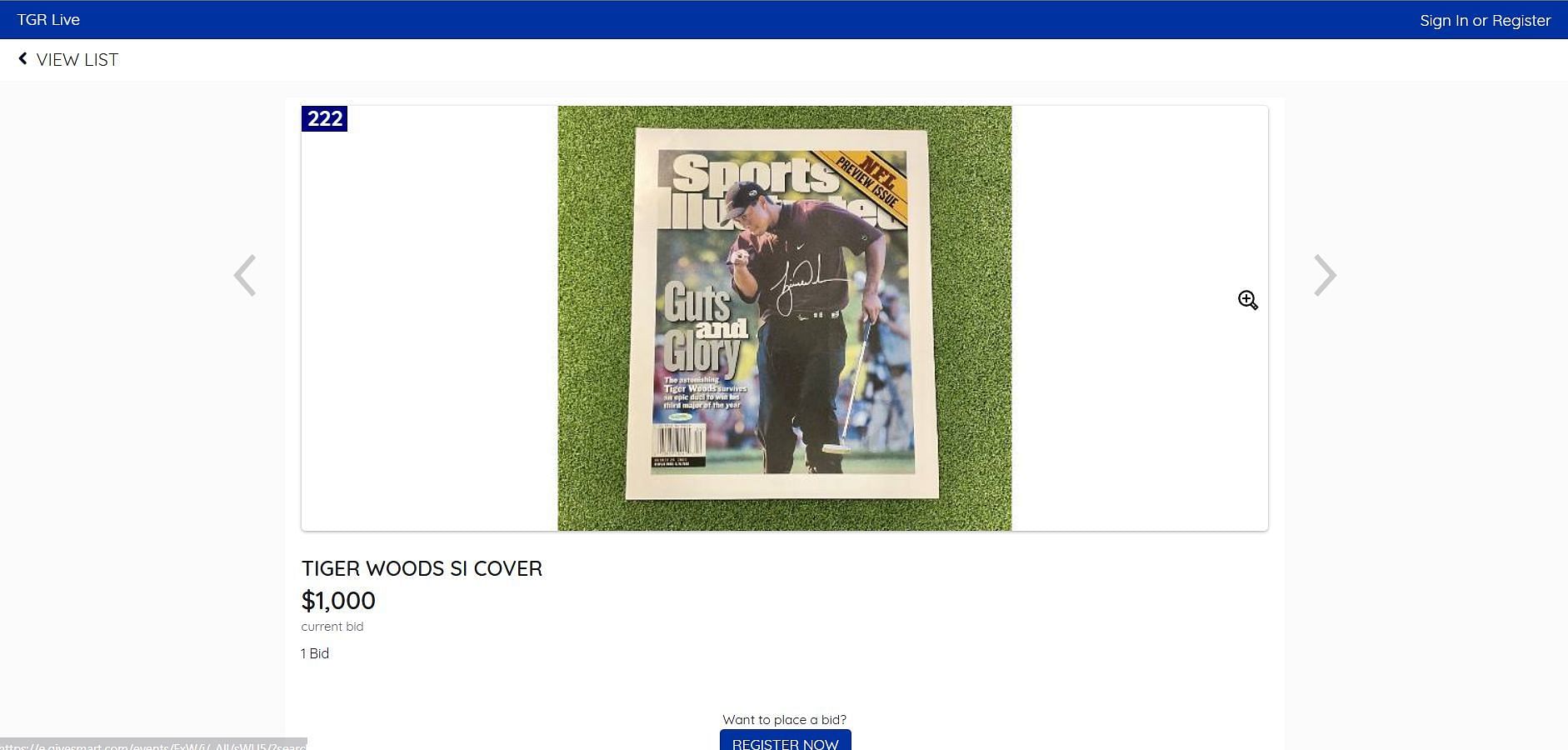 Sport Illustrated cover signed by Tiger Woods in auction - Source: TGRlive.com