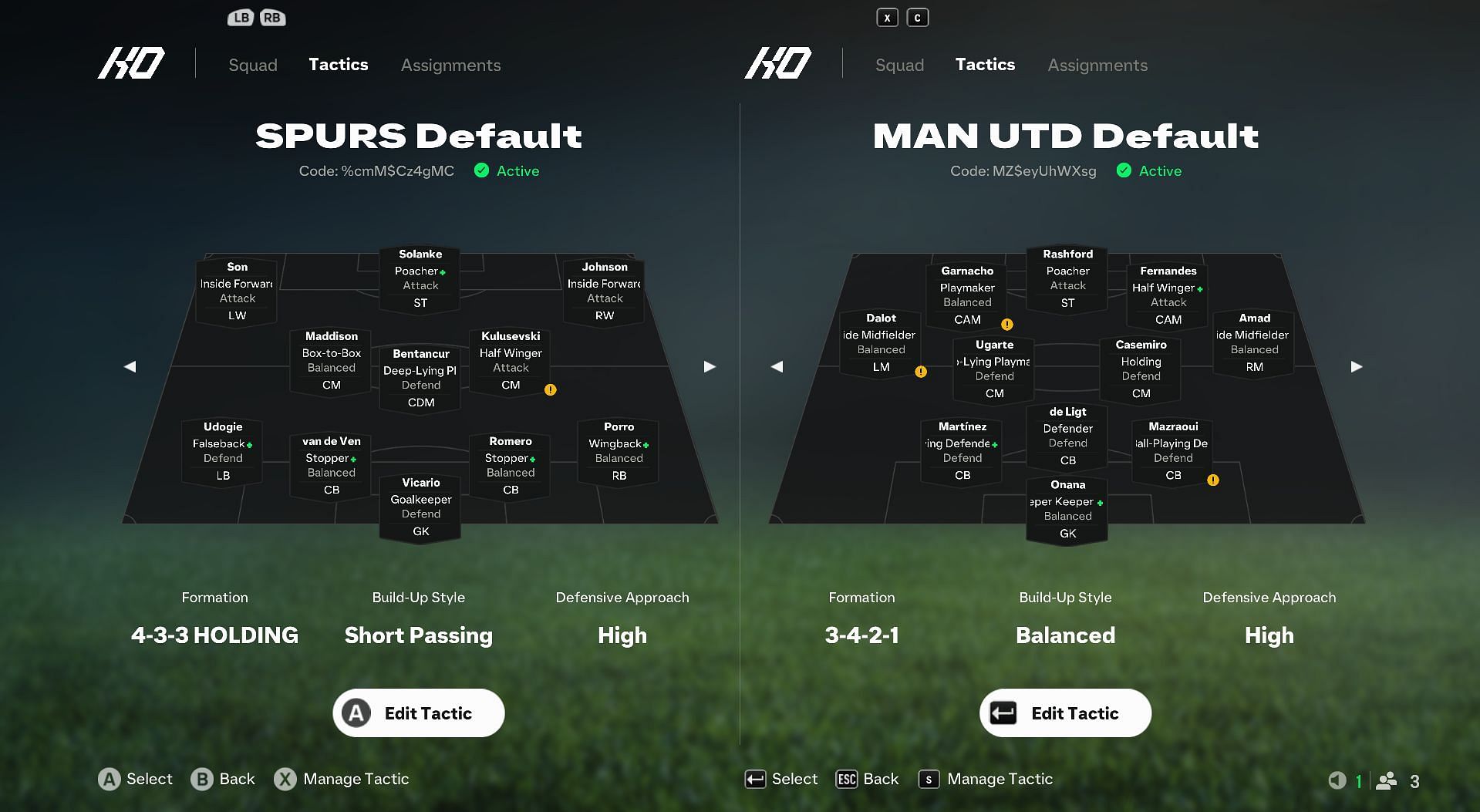 Spurs vs Man United: Preset EA FC 25 Tactics comparison (Image via EA Sports)