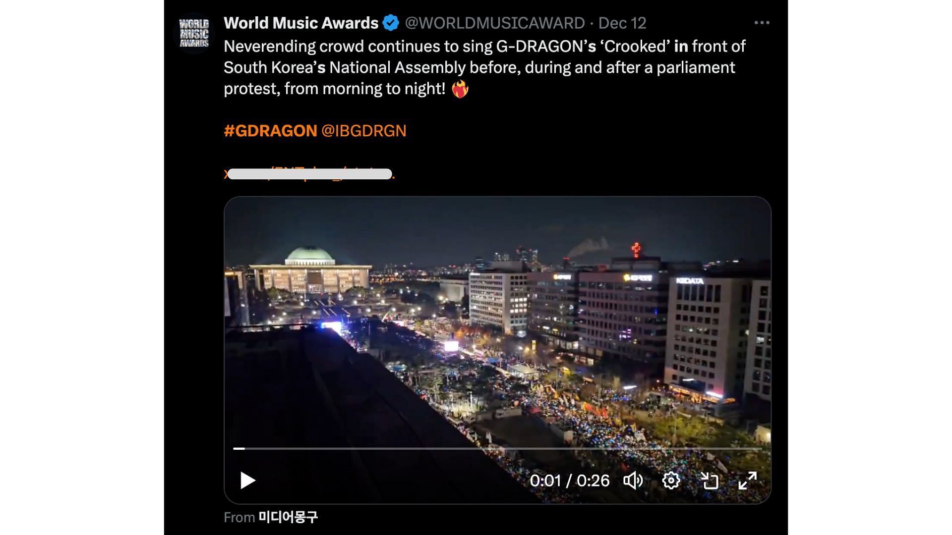 G-Dragon&rsquo;s Crooked (2013) played at the impeachment rally in December 2024. (Image via X/@WORLDMUSICAWARD)