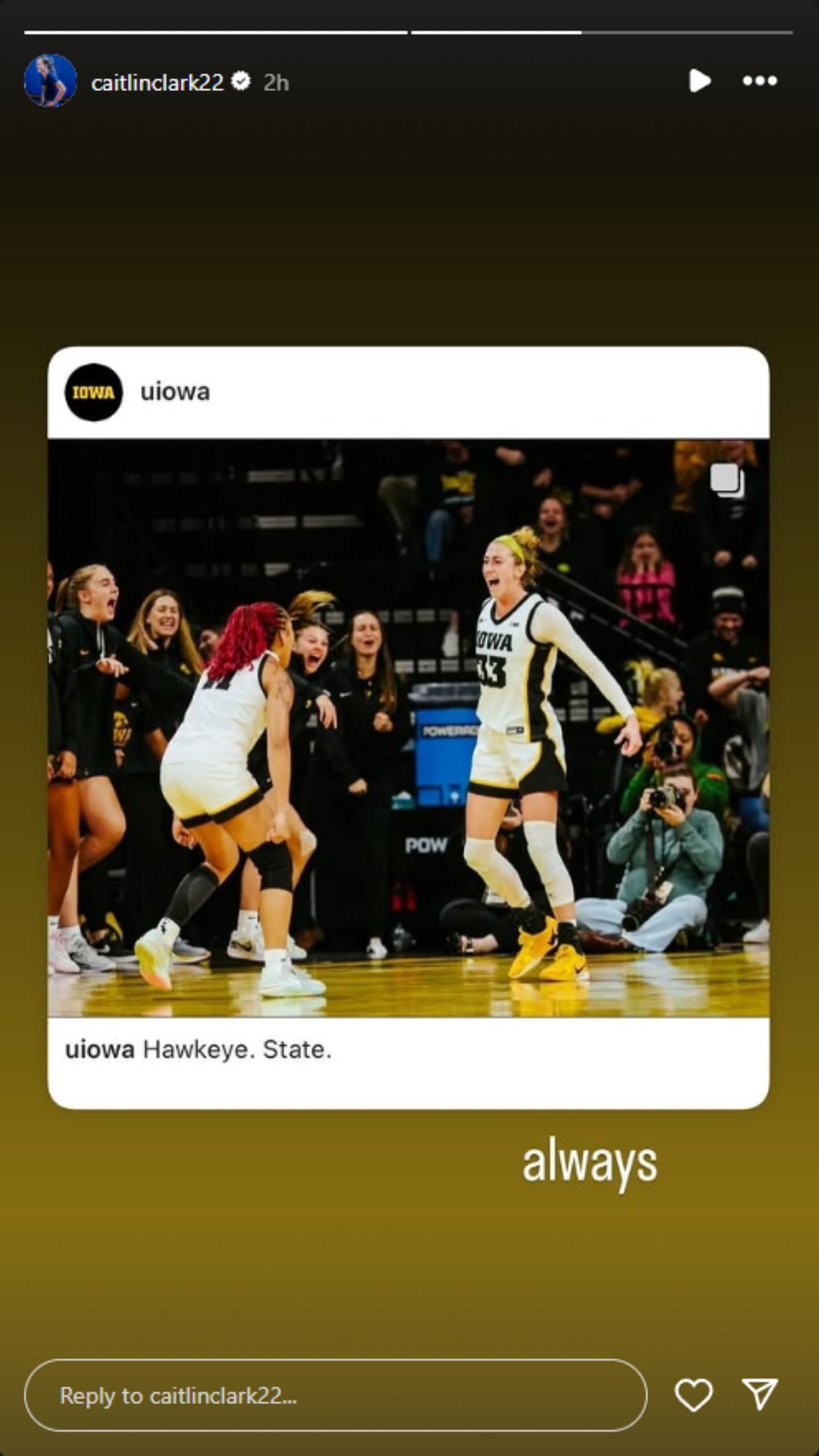 Caitlin Clark celebrates Iowa&#039;s win over Iowa State. (Photo: Screengrabbed from Caitlin&#039;s IG story)