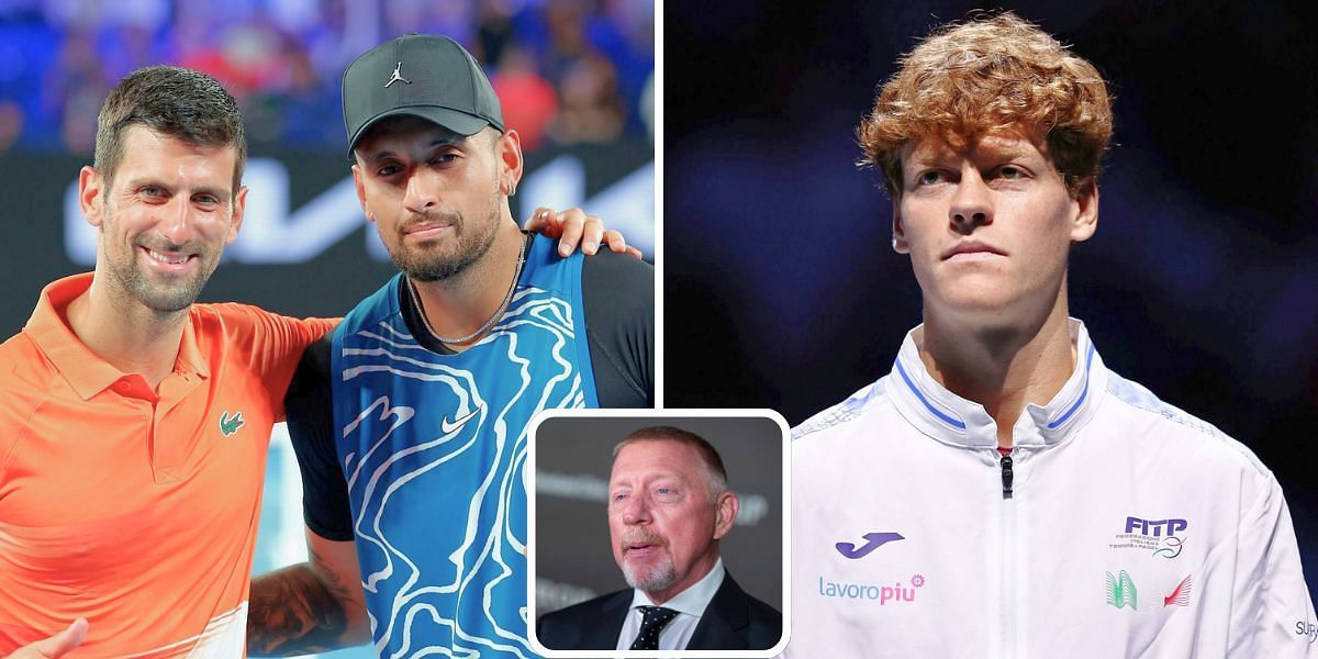 Novak Djokovic with Nick Kyrgios (L), Jannik Sinner (R) &amp; Boris Becker (inset) [Image Source: Getty Images]