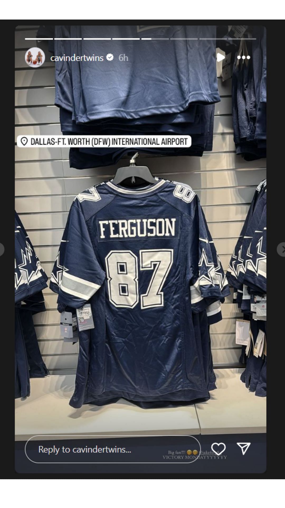 Haley Cavinder posts Jake Ferguson&#039;s jersey on Instagram story following Dallas Cowboys&#039; win vs. Carolina Panthers.  [Image via @cavindertwins on Instagram]