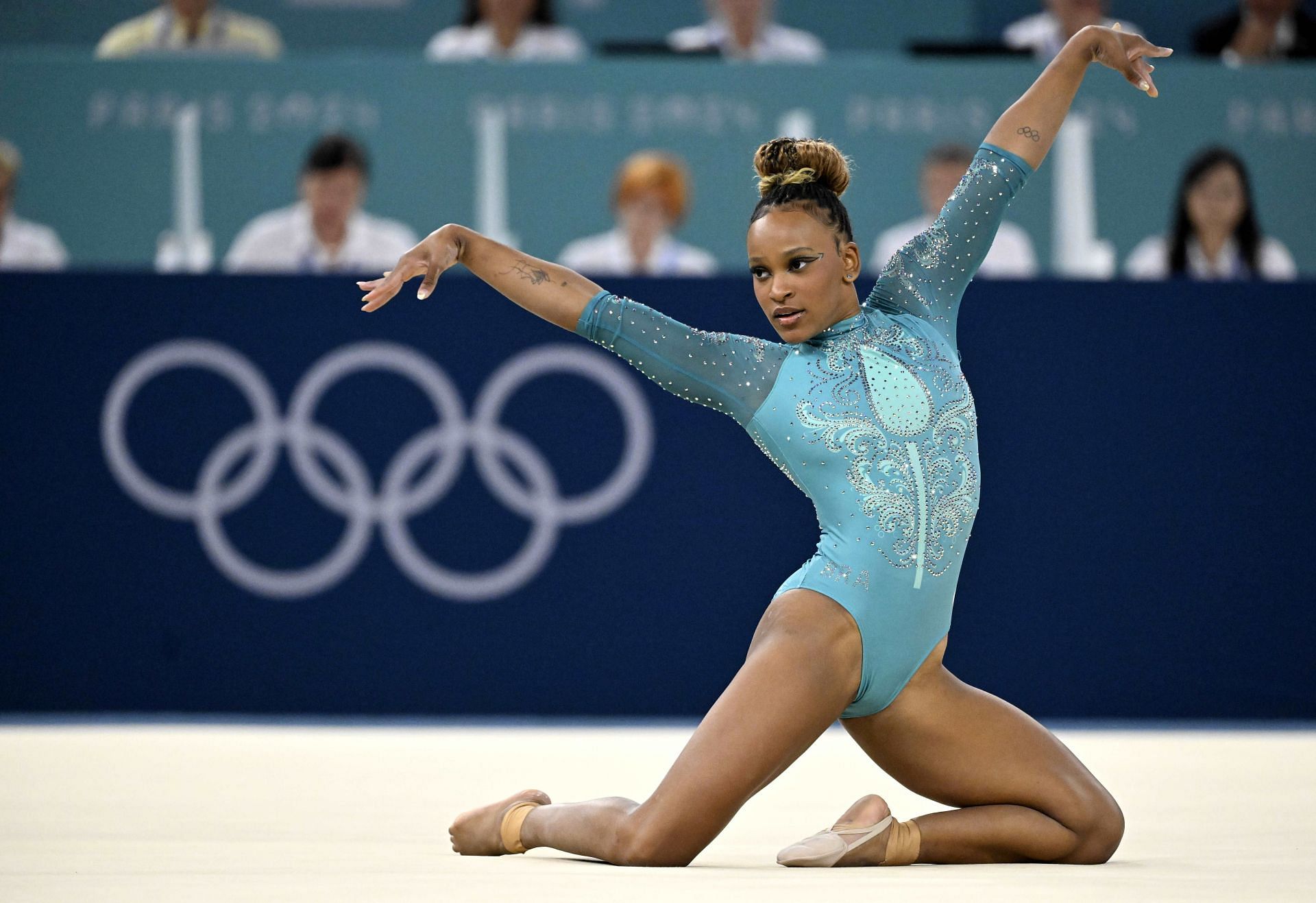 Rebeca Andrade at the floor exercise finals for the Paris Olympics 2024 [Image Source: Getty]