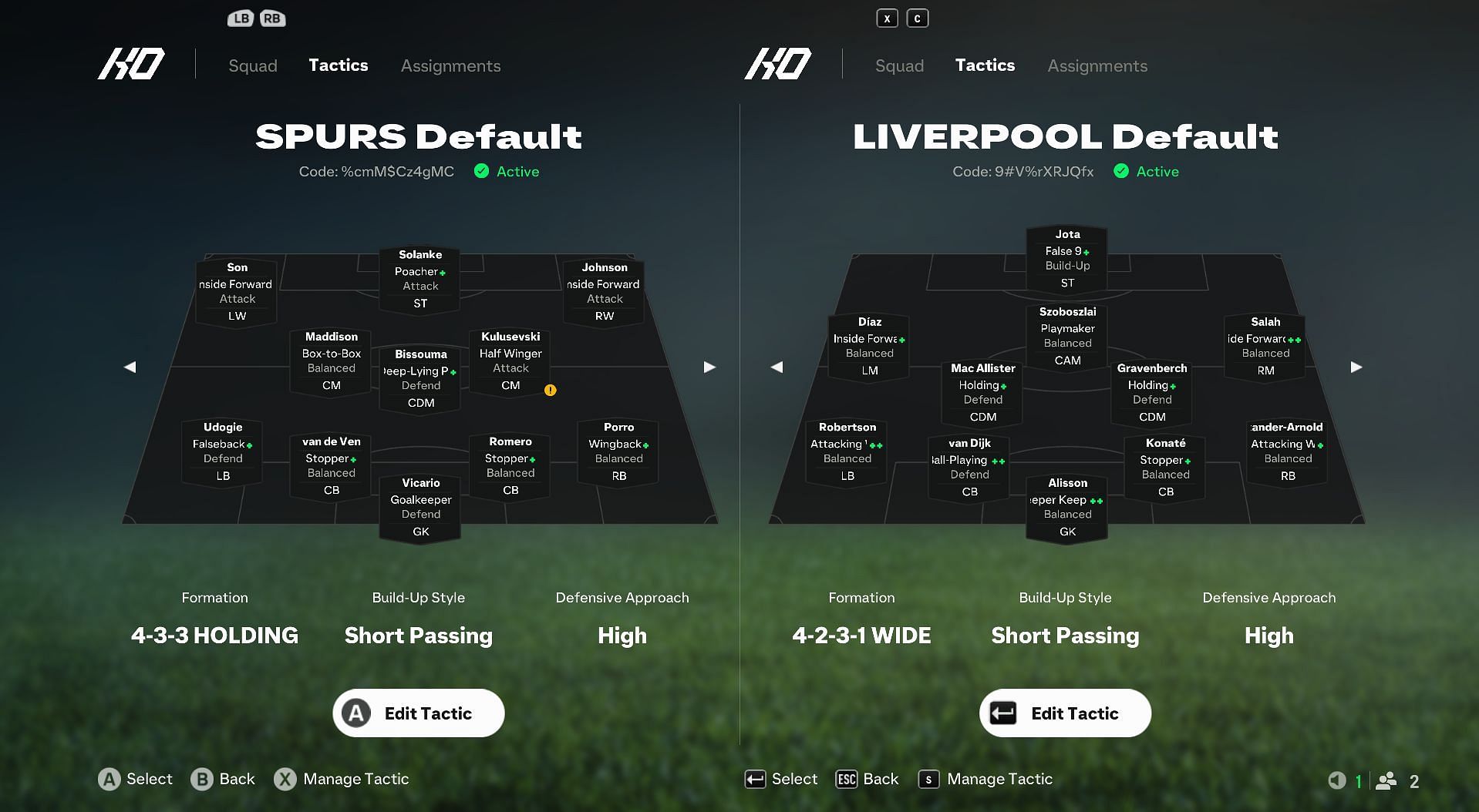 Spurs vs Liverpool: Preset EA FC 25 tactics and roles comparison (Image via EA Sports)